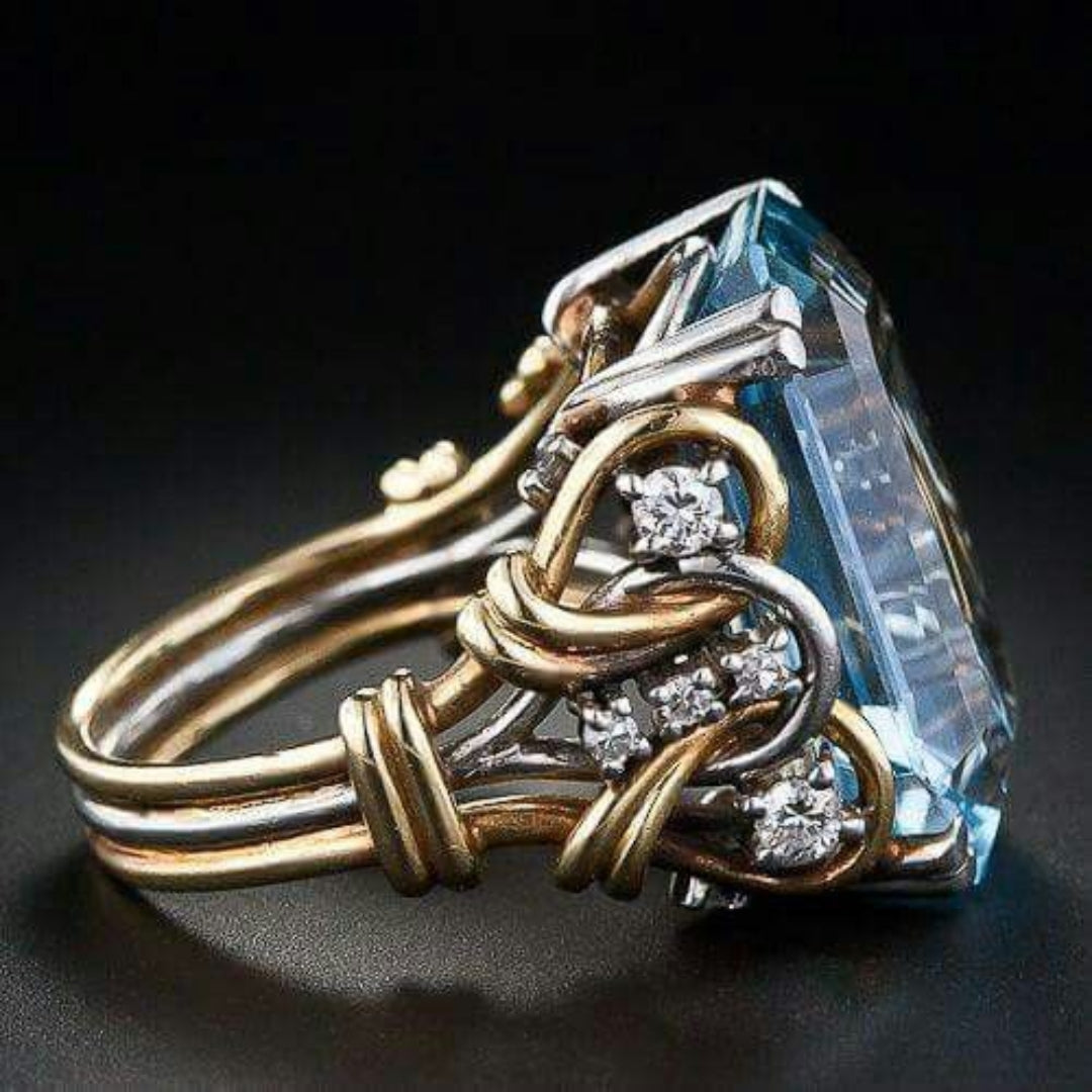 Anillo Vintage Cristal Azul Dorado